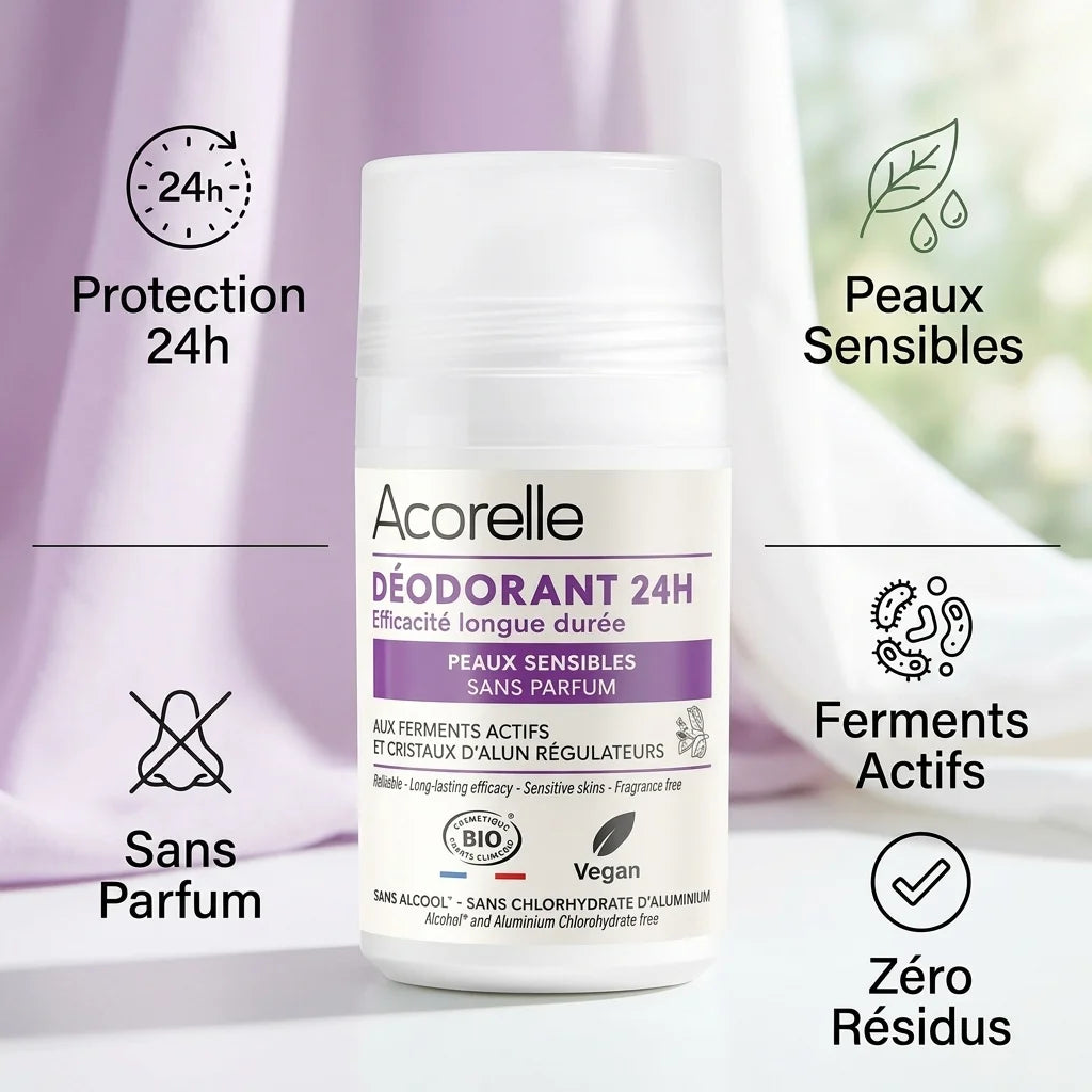 Déodorant Roll-on Acorelle 24h Peaux Sensibles Bio 50ml avec bénéfices et certifications