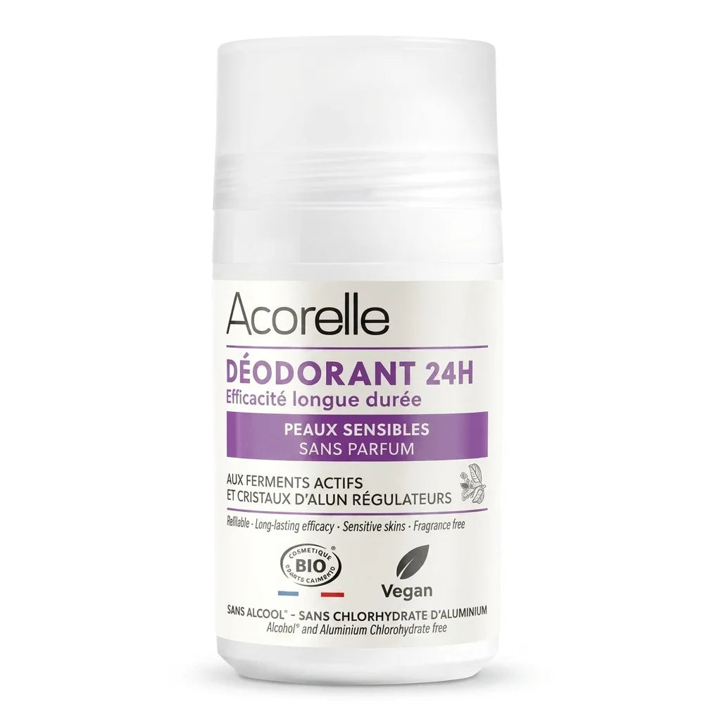 Déodorant Roll-on 24h Peaux Sensibles Bio Acorelle 50ml - Flacon blanc et violet
