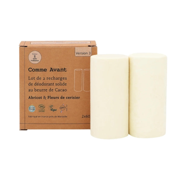 Un lot de recharges de déodorant solide abricot et fleurs de cerisier de 2 x 60 g de la marque Comme Avant