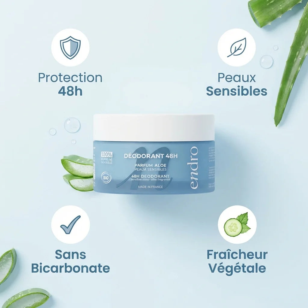 Déodorant solide Aloe Vera Endro peaux sensibles avec bénéfices 48h sans bicarbonate