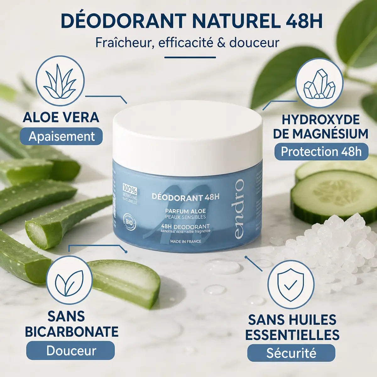 Déodorant solide Aloe Vera Endro peaux sensibles avec ingrédients naturels et bénéfices