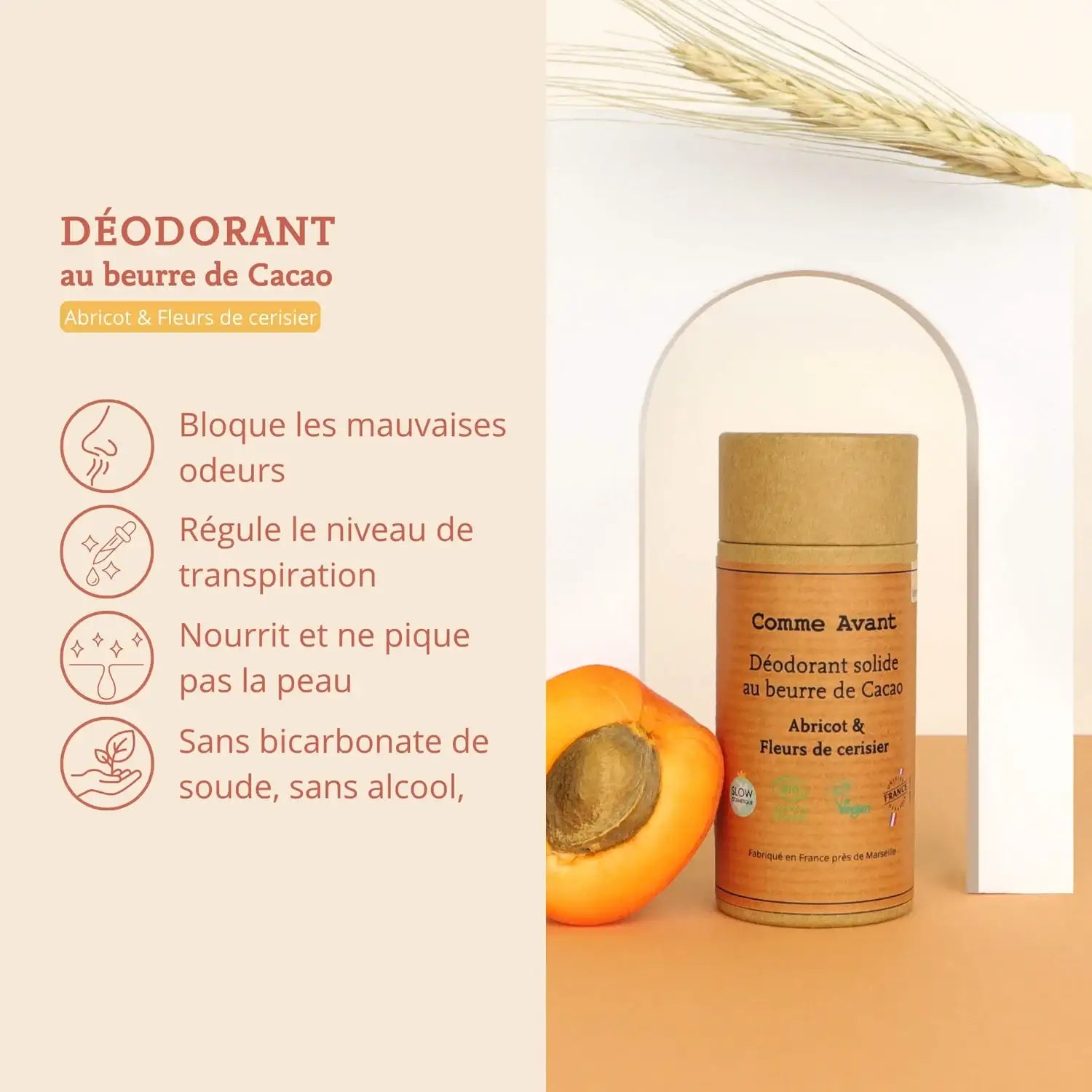 Les bienfaits du déodorant solide au beurre de cacao senteur abricot et fleurs de cerisiers de 60 g de la marque Comme Avant
