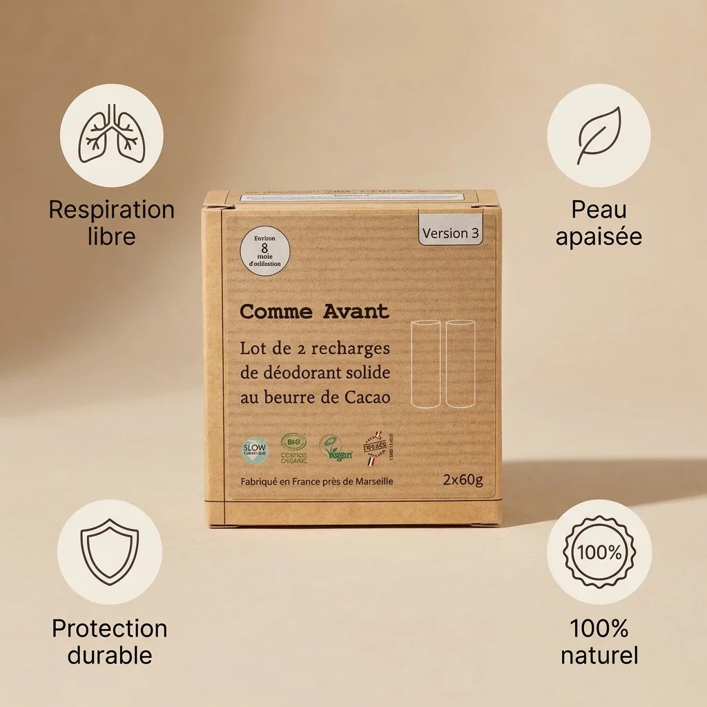 Déodorant solide beurre de cacao Comme Avant recharges 2x60g avec icônes bénéfices naturel