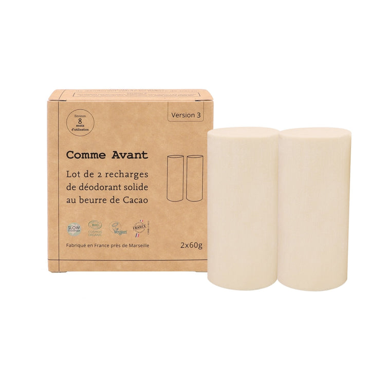 Un pack de Déodorant solide au beurre de cacao brut de 2x60g de Comme Avant
