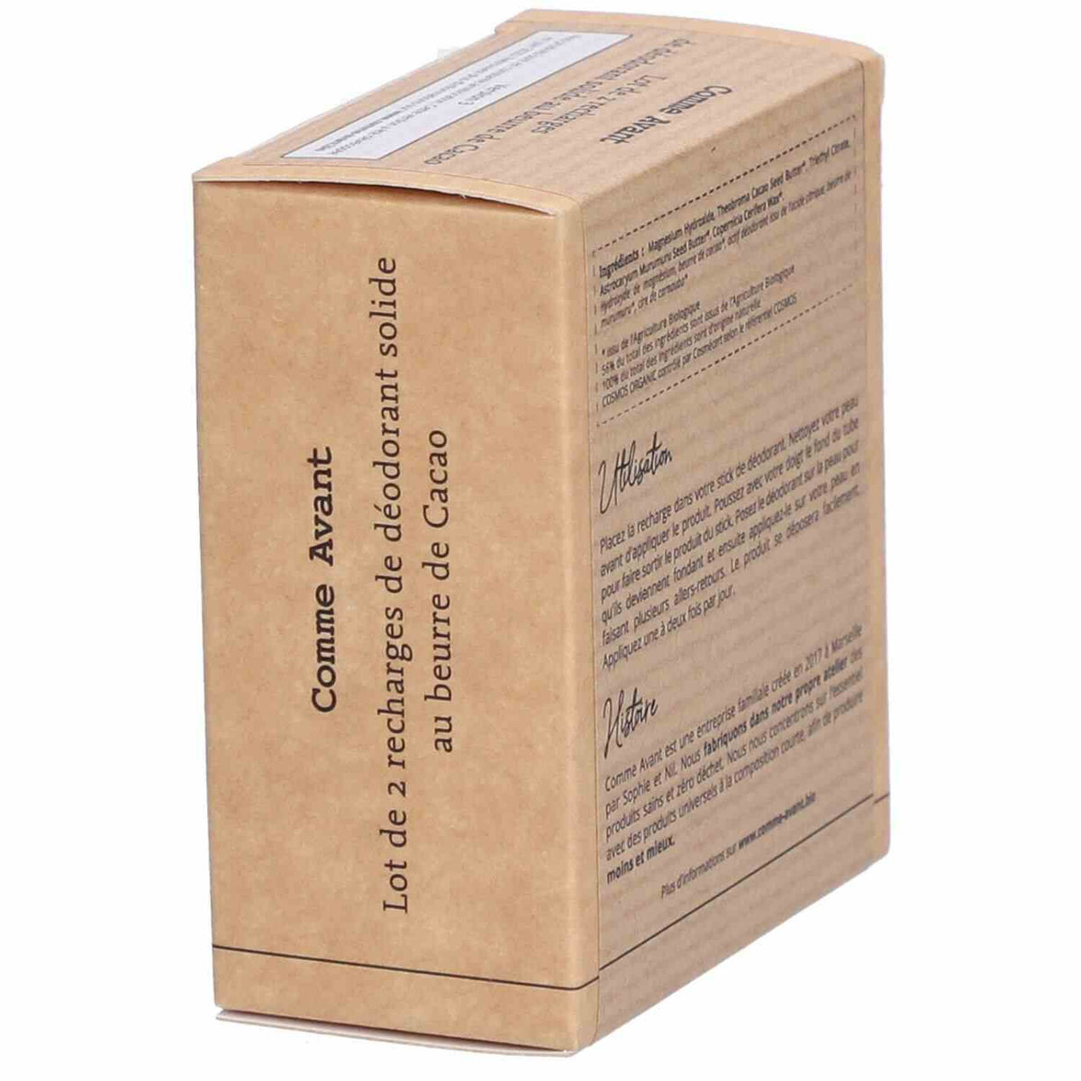 Le dos d'un packaging de recharges de déodorant solide de 2x60g de la marque Comme Avant