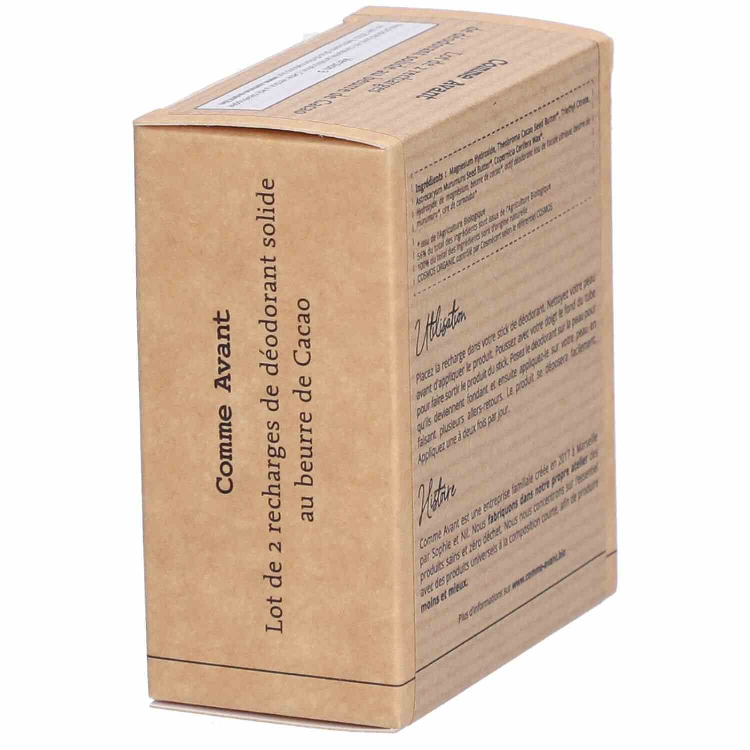 Le dos d'un packaging de recharges de déodorant solide de 2x60g de la marque Comme Avant