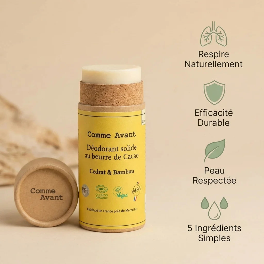 Déodorant solide Comme Avant beurre de cacao avec icônes de bénéfices naturels