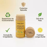 Déodorant solide Comme Avant beurre de cacao citron bergamote avec infographie des 5 bénéfices naturels
