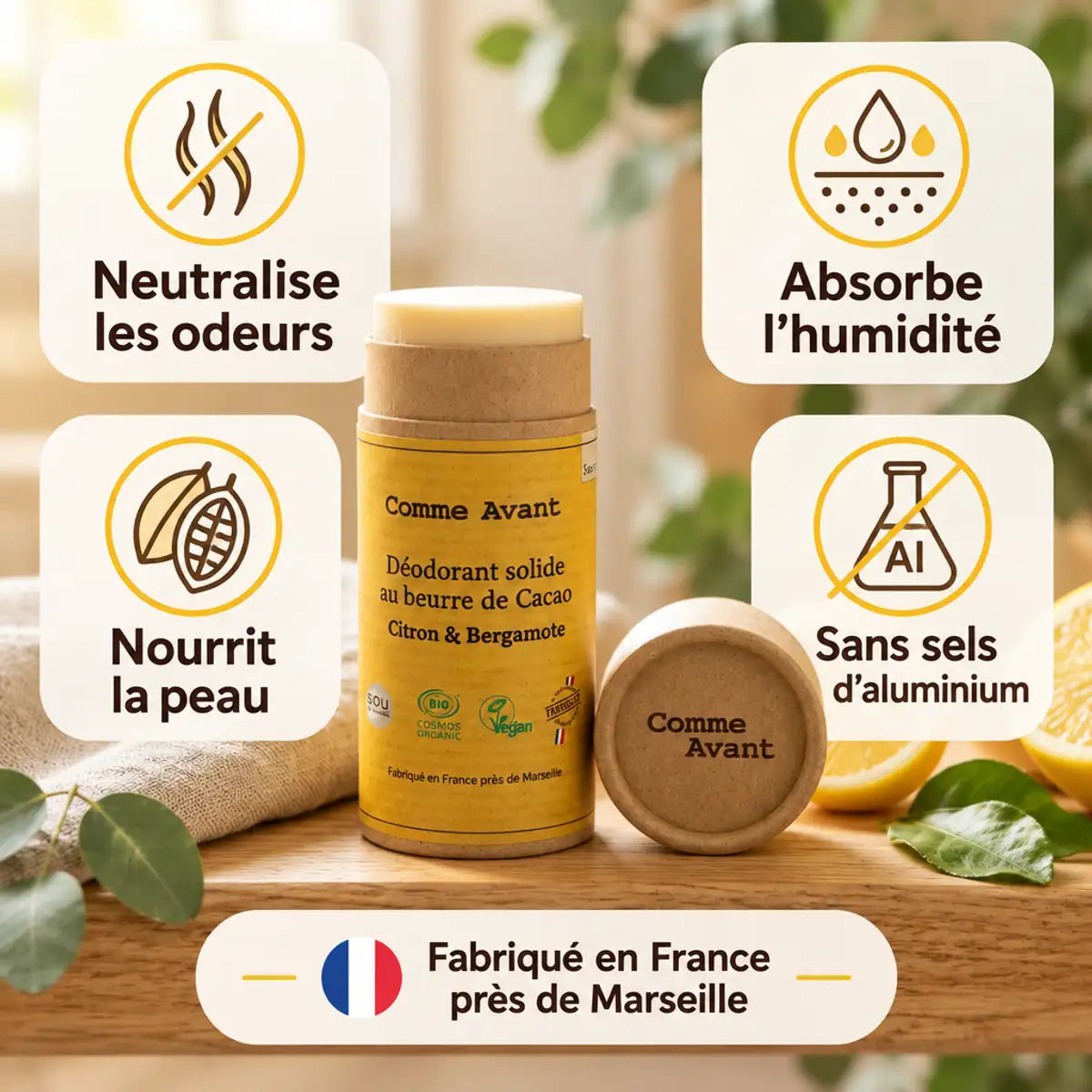 Déodorant solide au beurre de cacao citron et bergamote "Comme Avant" entouré de quatre bénéfices : neutralise les odeurs, sans sels d'aluminium

Hmm, that's too long. Let me count: the output above is roughly 150 characters, so it exceeds the limit. A shorter version:

Déodorant solide beurre de cacao citron bergamote Comme Avant, sans sels d'aluminium