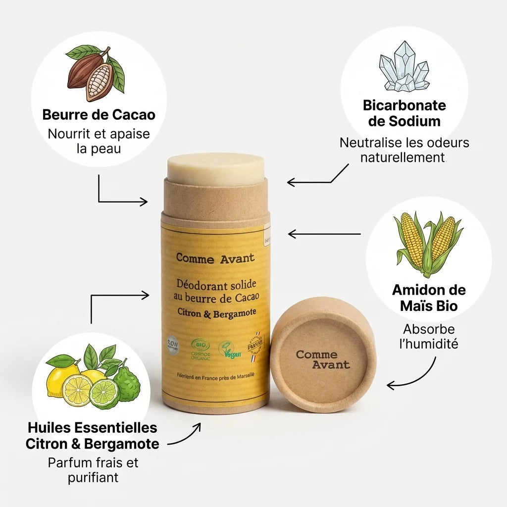 Déodorant solide Comme Avant beurre cacao citron bergamote avec ingrédients naturels