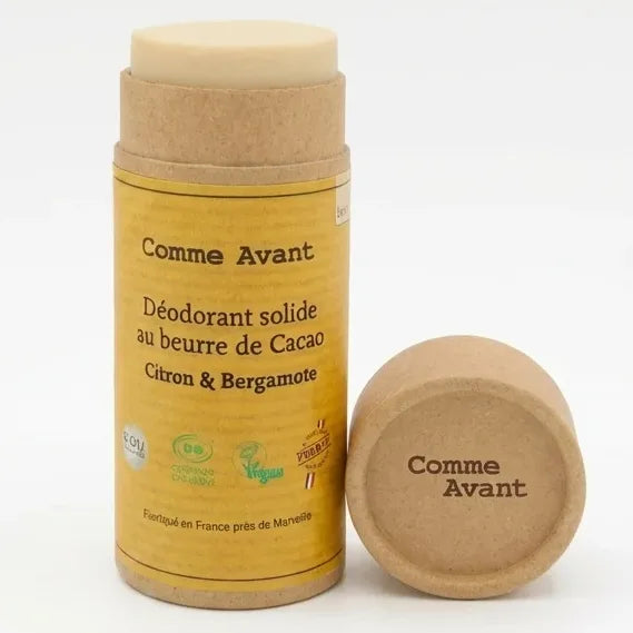 Déodorant solide Comme Avant beurre de cacao citron bergamote en tube carton jaune