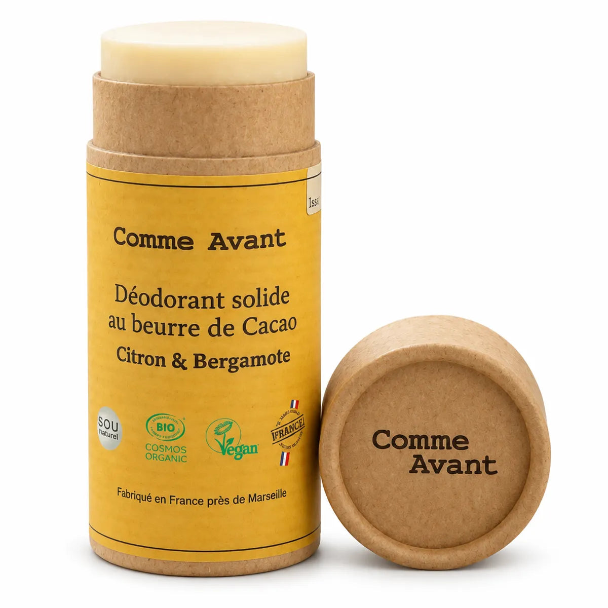 Déodorant solide au beurre de cacao Comme Avant citron et bergamote, étui carton kraft avec étiquette jaune, fond blanc