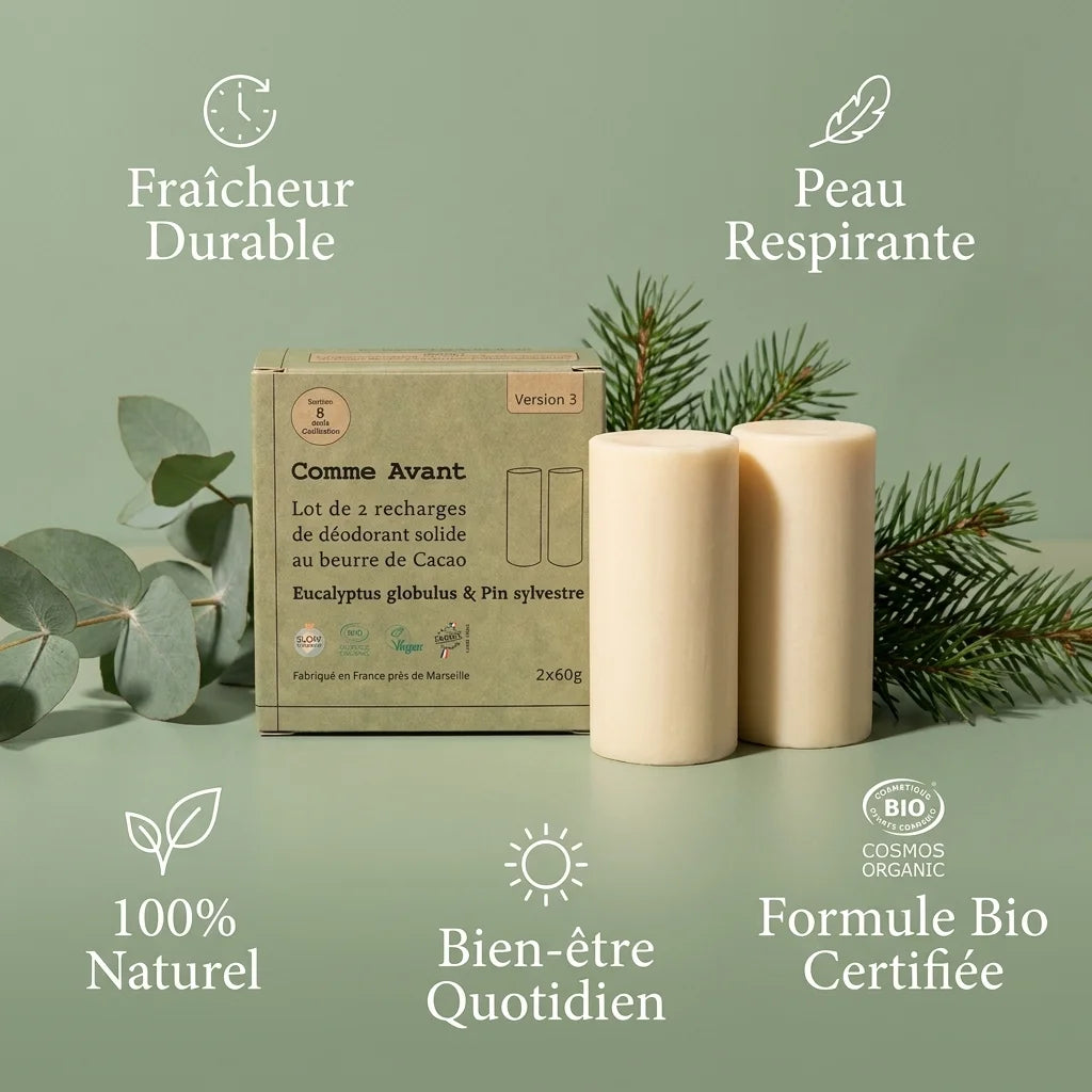Déodorant solide Comme Avant beurre cacao eucalyptus pin 2x60g recharge naturelle bio
