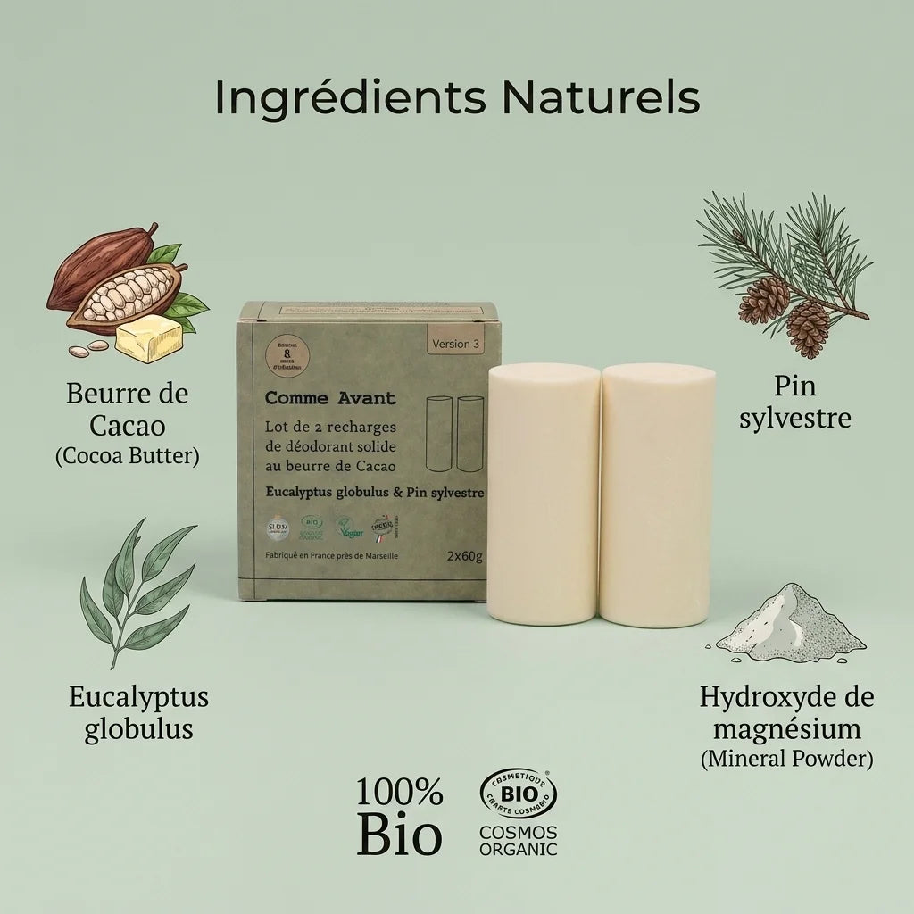 Déodorant solide Comme Avant beurre cacao eucalyptus pin, recharge 2x60g bio naturel