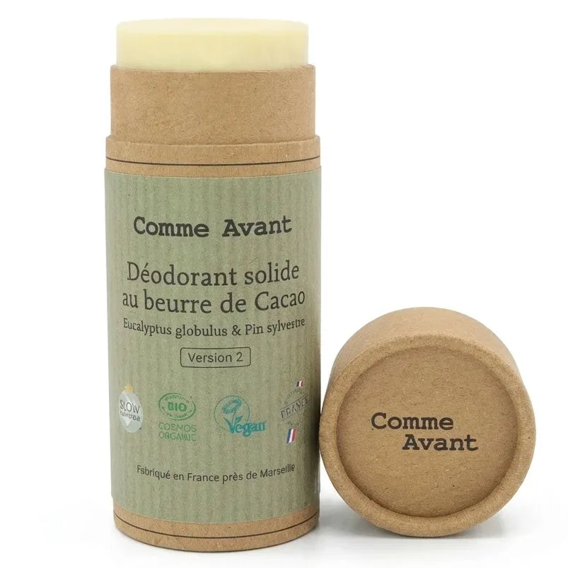 Déodorant solide Comme Avant beurre de cacao eucalyptus pin en tube kraft avec base liège
