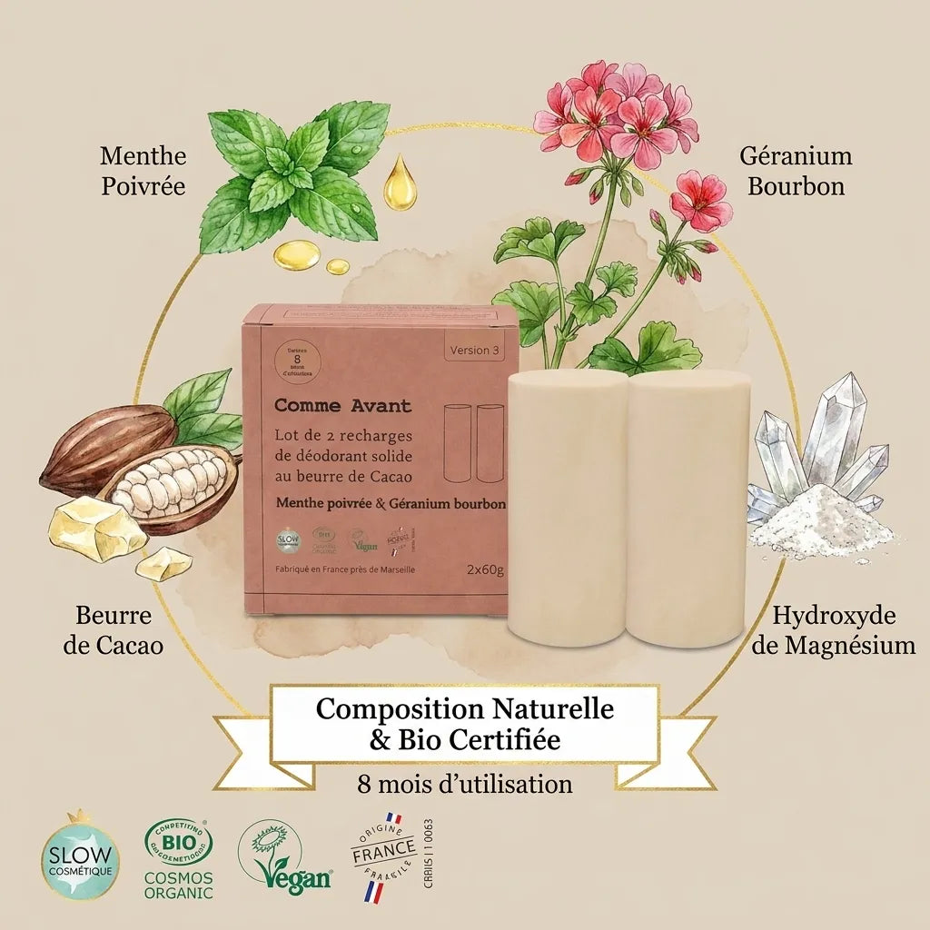 Déodorant solide Comme Avant beurre de cacao menthe poivrée géranium 2x60g avec ingrédients naturels bio