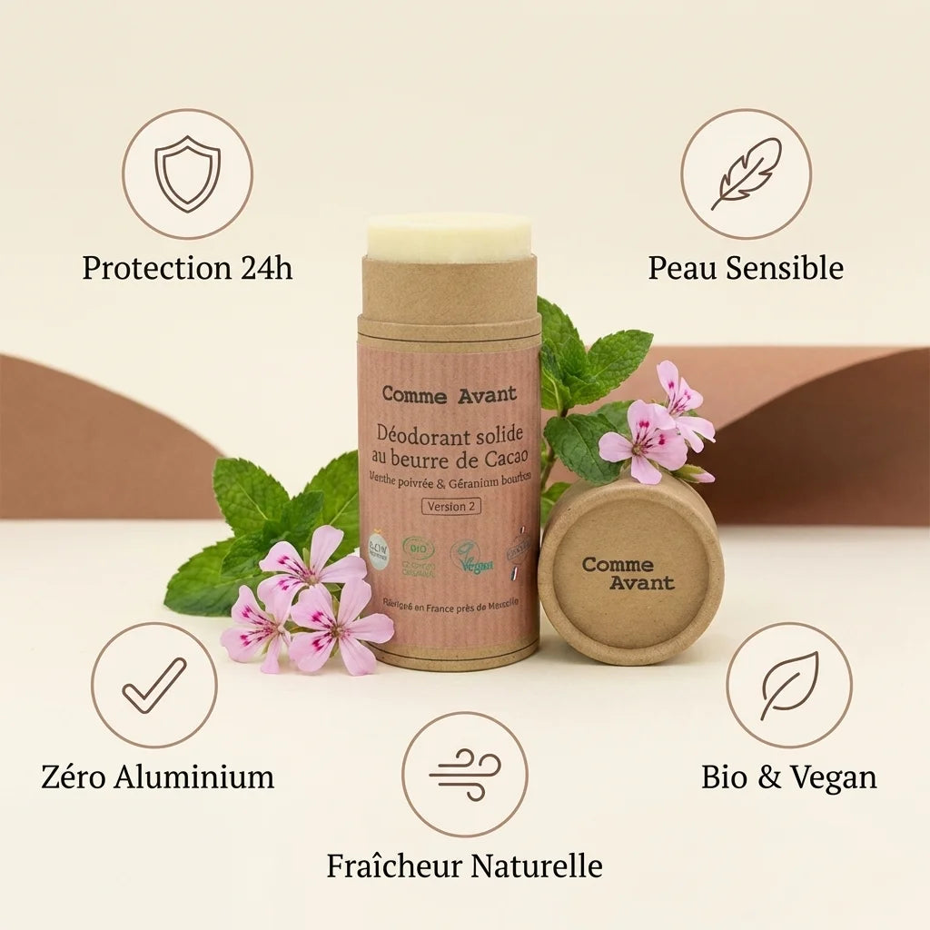 Déodorant solide Comme Avant beurre cacao menthe poivrée géranium bourbon bio vegan zéro aluminium