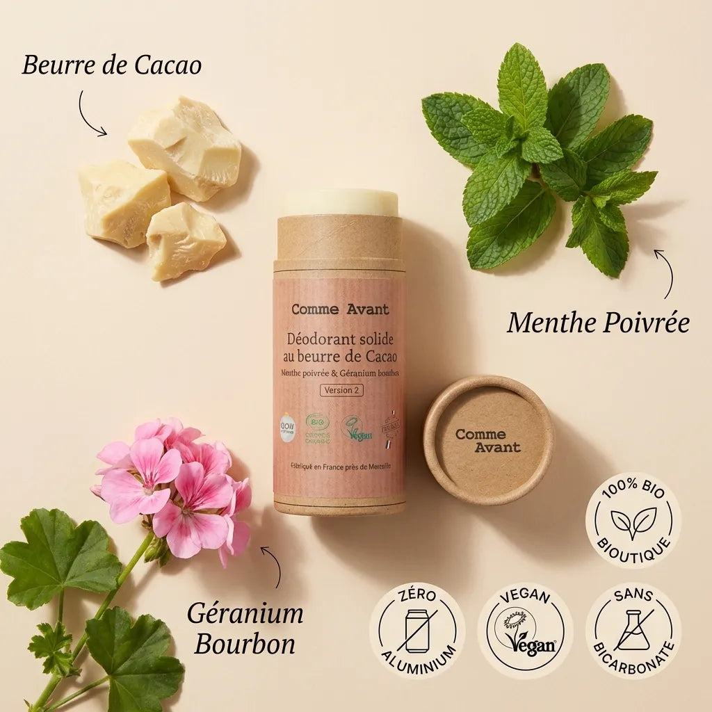 Déodorant solide Comme Avant beurre de cacao menthe poivrée géranium bourbon bio vegan sans aluminium