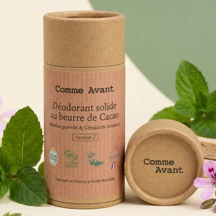 Déodorant solide Comme Avant beurre cacao menthe poivrée géranium bourbon avec emballage carton et ingrédients naturels