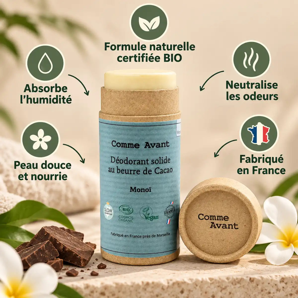 Déodorant solide Comme Avant beurre de cacao monoï 60g certifié bio fabriqué en France