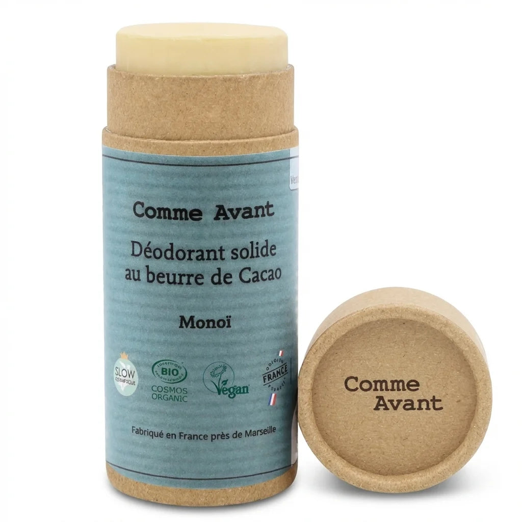 Déodorant solide Comme Avant beurre de cacao monoï 60g pot liège fond blanc