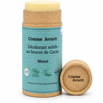 Déodorant solide Comme Avant beurre de cacao monoï 60g tube ouvert avec couvercle en liège