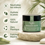 Déodorant solide Najel bio vegan avec emballage vert, bénéfices naturels et fraîcheur marine