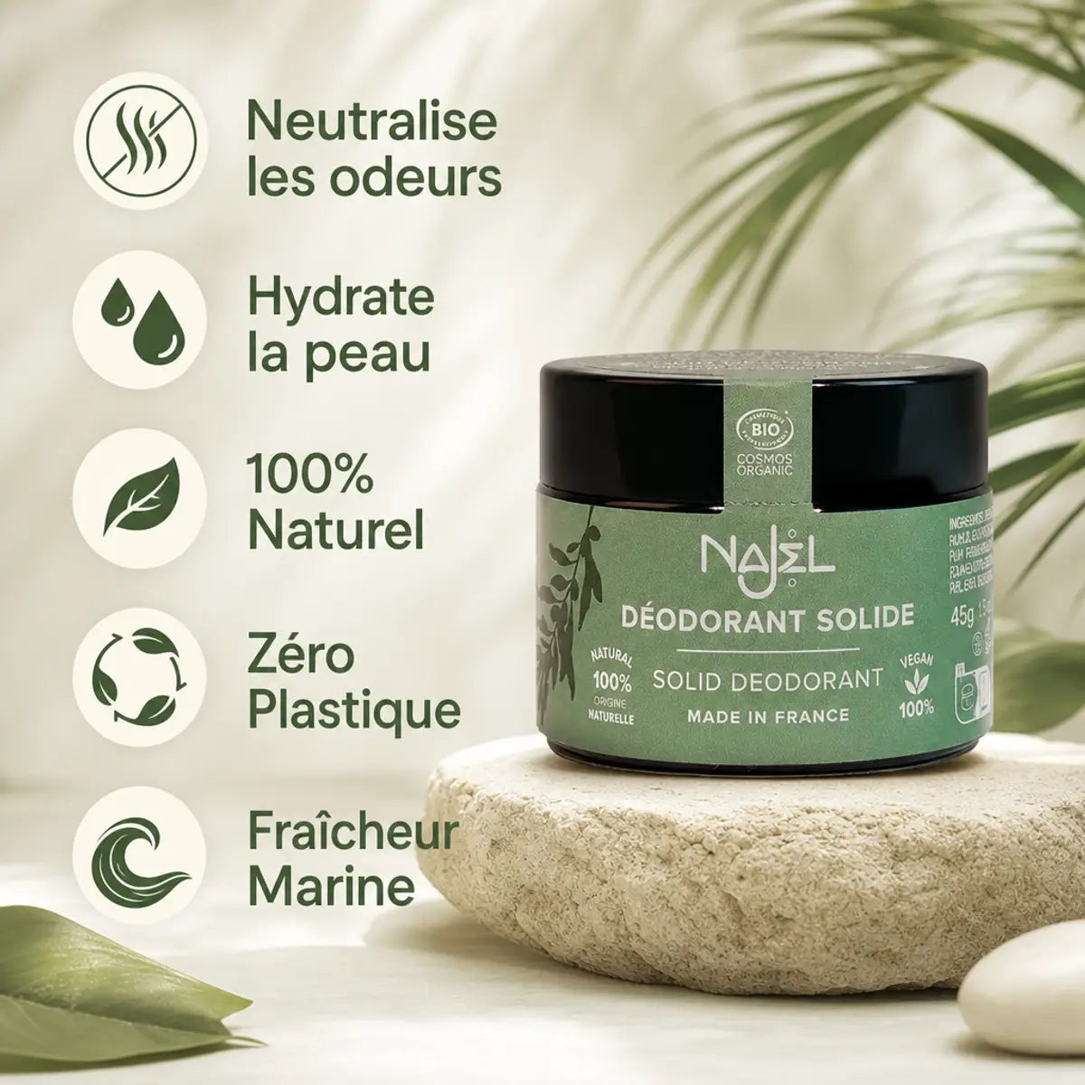 Déodorant solide Najel bio vegan avec emballage vert, bénéfices naturels et fraîcheur marine