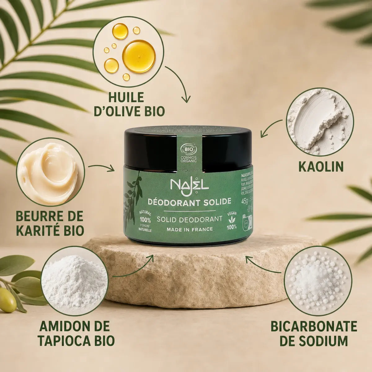 Déodorant solide Najel Embrun bio vegan avec ingrédients naturels : kaolin, karité, tapioca