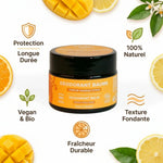 Déodorant solide Najel Mangue Citrus bio vegan avec icônes bénéfices naturels et protection longue durée
