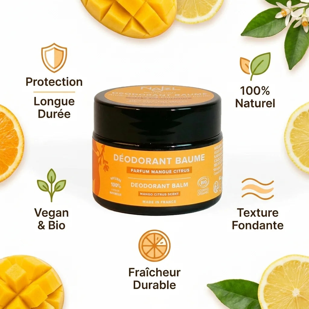 Déodorant solide Najel Mangue Citrus bio vegan avec icônes bénéfices naturels et protection longue durée