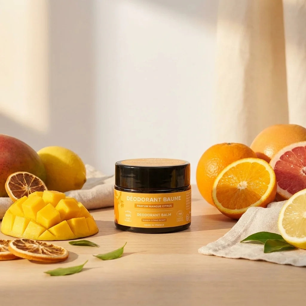 Déodorant solide Najel Mangue Citrus bio vegan en pot noir avec étiquette orange sur fond blanc
