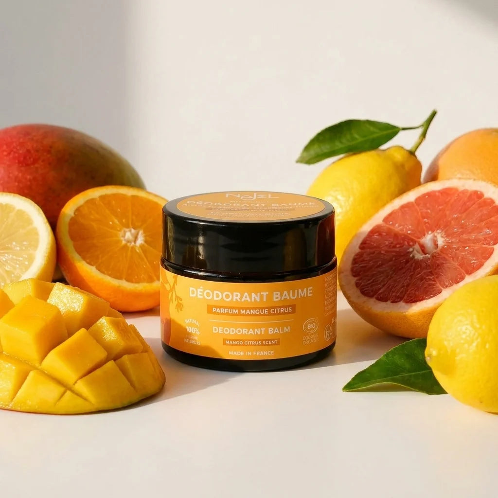 Déodorant solide Najel bio vegan Mangue Citrus en pot noir avec fruits frais