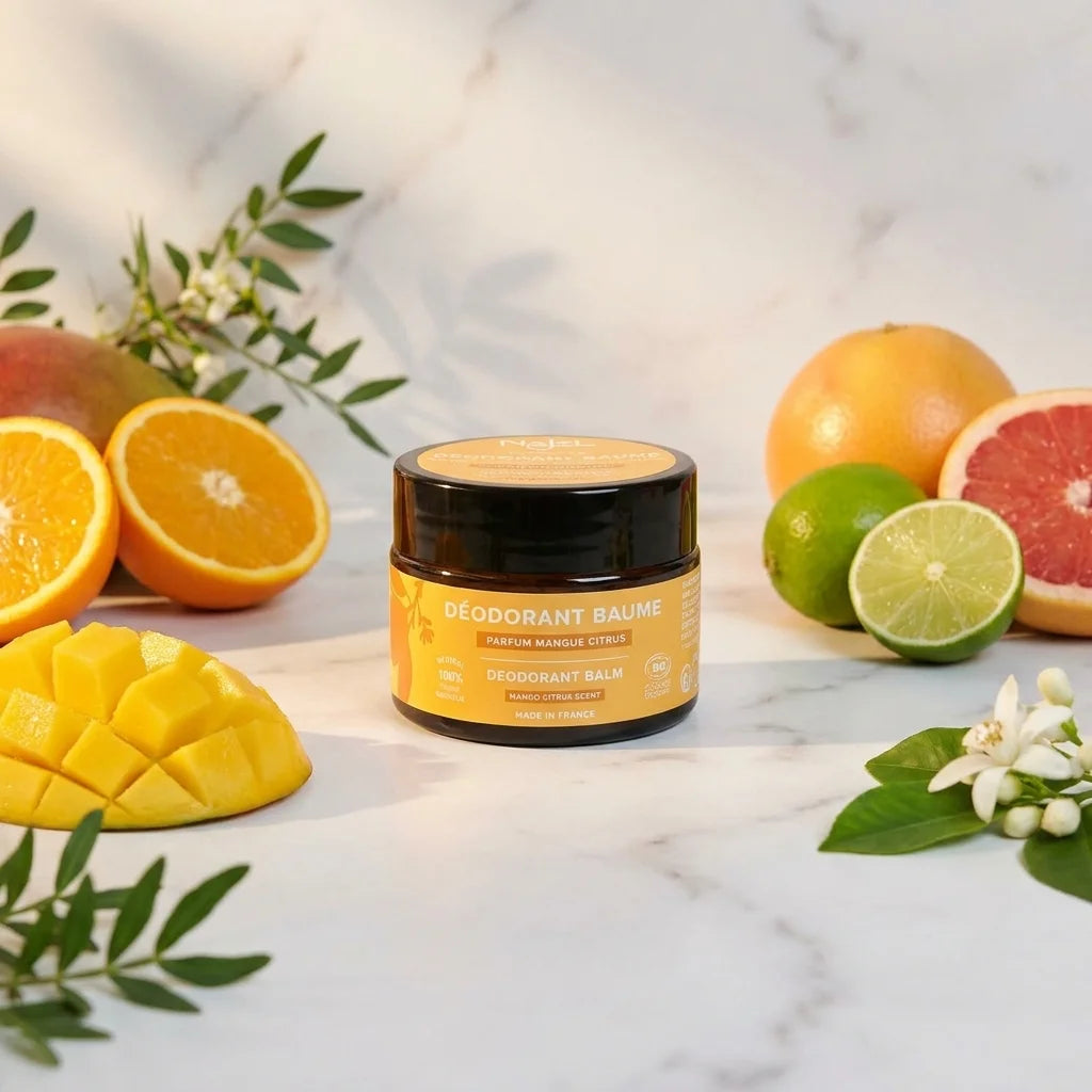 Déodorant solide Najel Mangue Citrus bio vegan en pot verre avec fruits frais