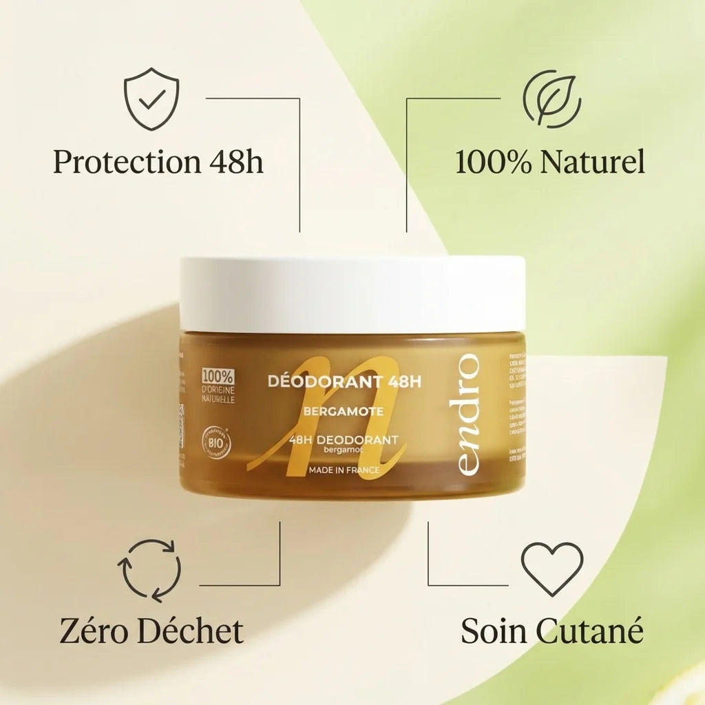 Déodorant solide Endro Bergamote & Arbre à Thé avec infographie des 4 bénéfices naturels