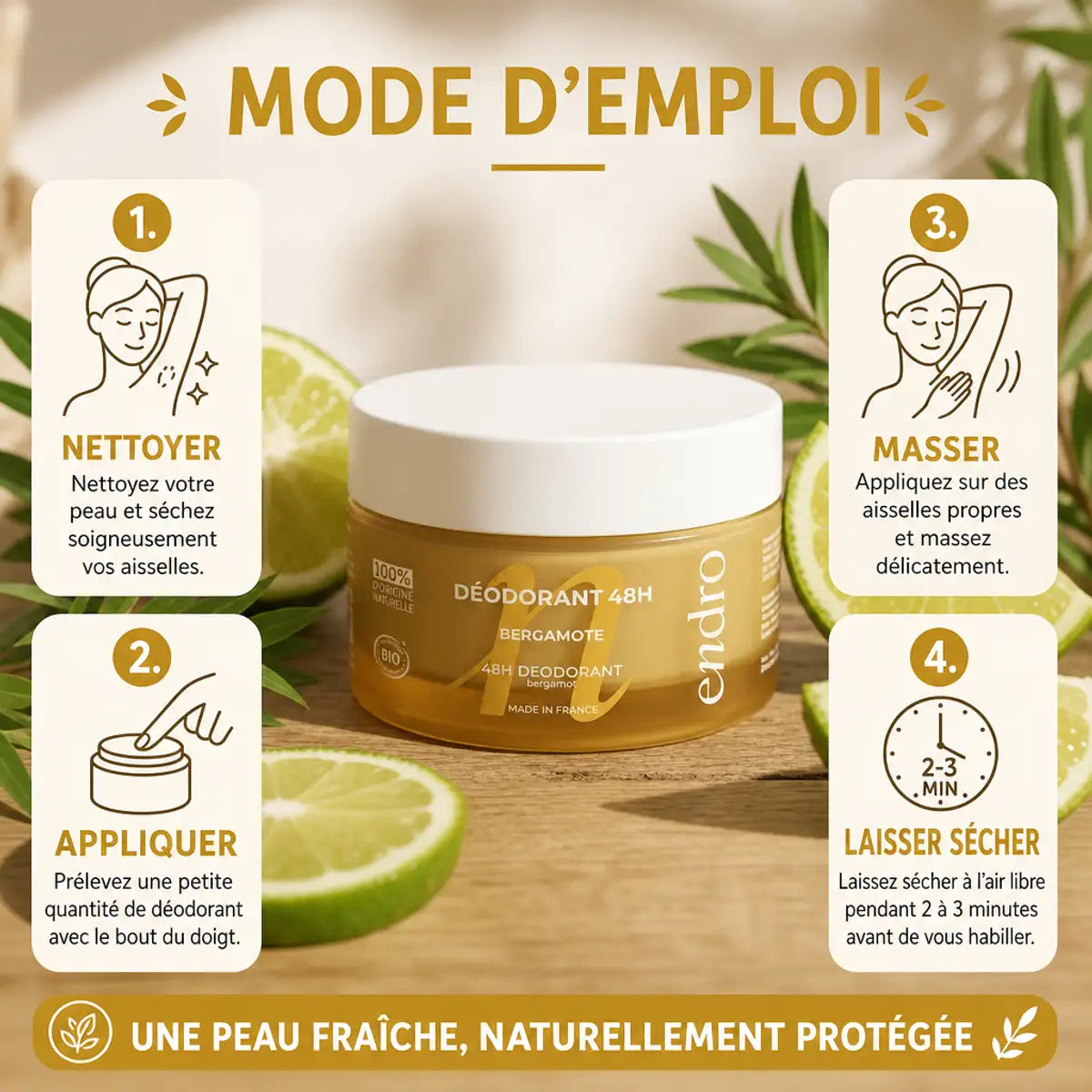 Déodorant solide Bergamote & Arbre à Thé Endro avec mode d'emploi en 4 étapes