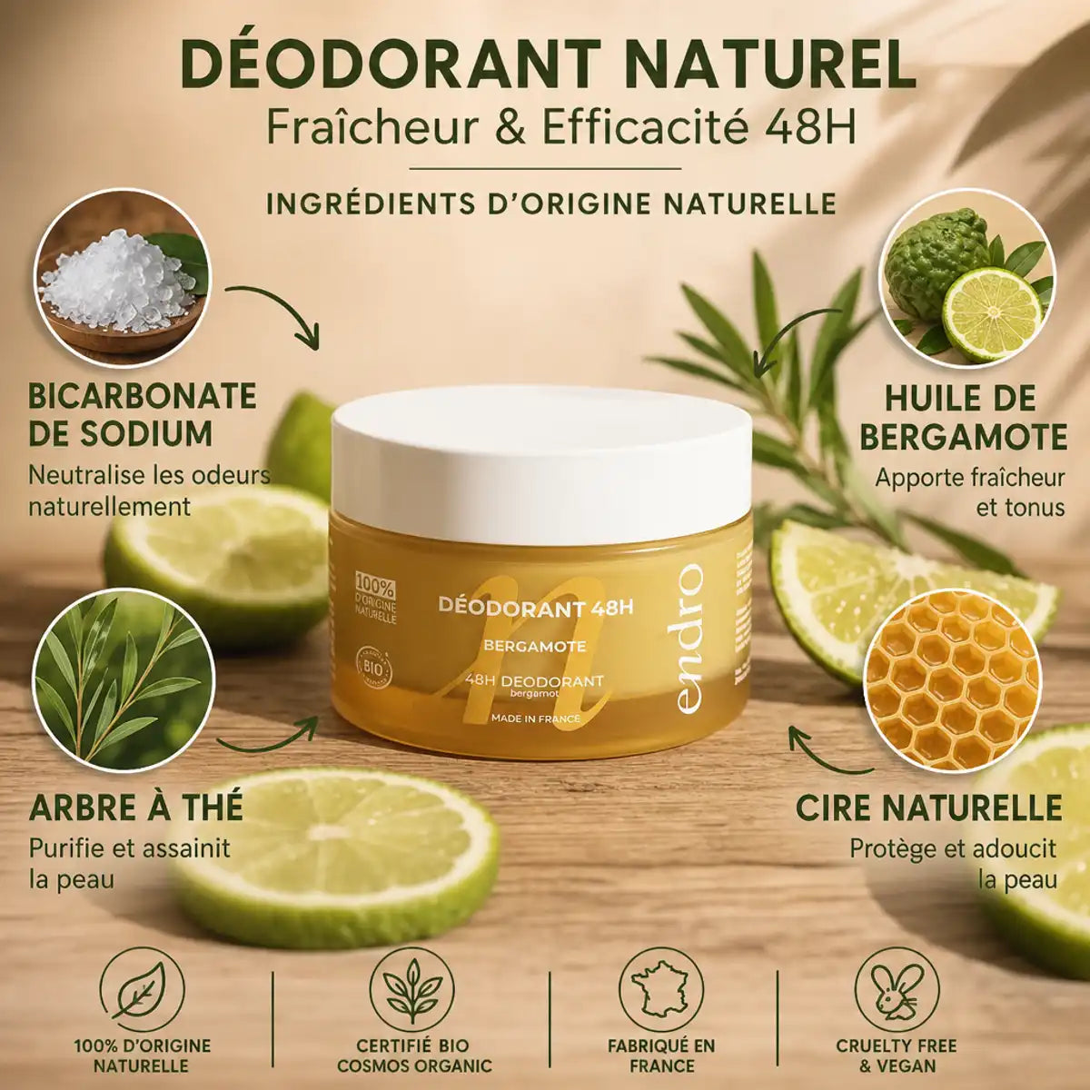 Déodorant solide Bergamote & Arbre à Thé Endro avec ingrédients naturels et bicarbonate