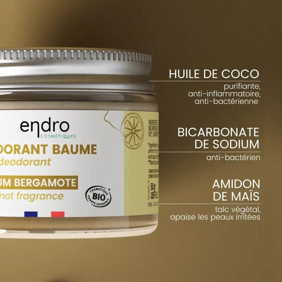 Les ingrédients du déodorant solide Bergamote et Arbre à Thé de la marque Endro et leurs bienfaits