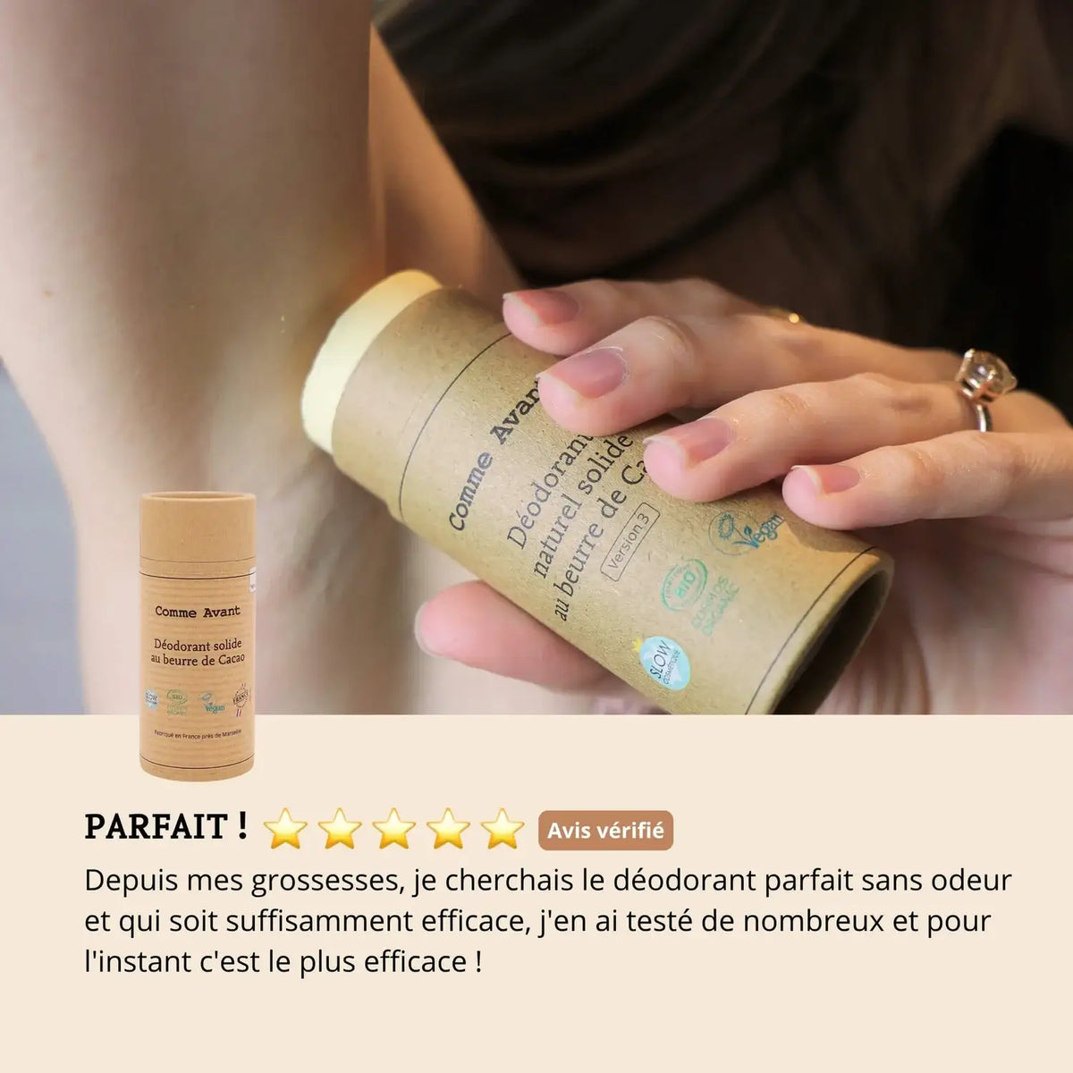 Les avis sur le déodorant solide au beurre de cacao bio de 50 g de la marque Comme Avant