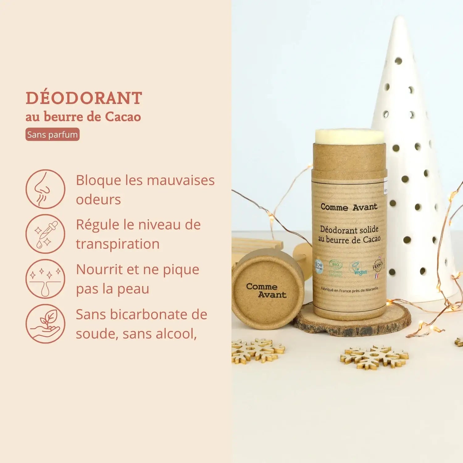 Les bienfaits du déodorant solide au beurre de cacao bio de 50 g de la marque Comme Avant