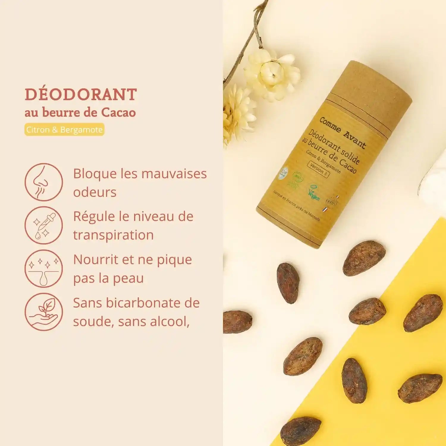 Les bienfaits du déodorant solide au beurre de cacao citron & bergamote de la marque Comme Avant