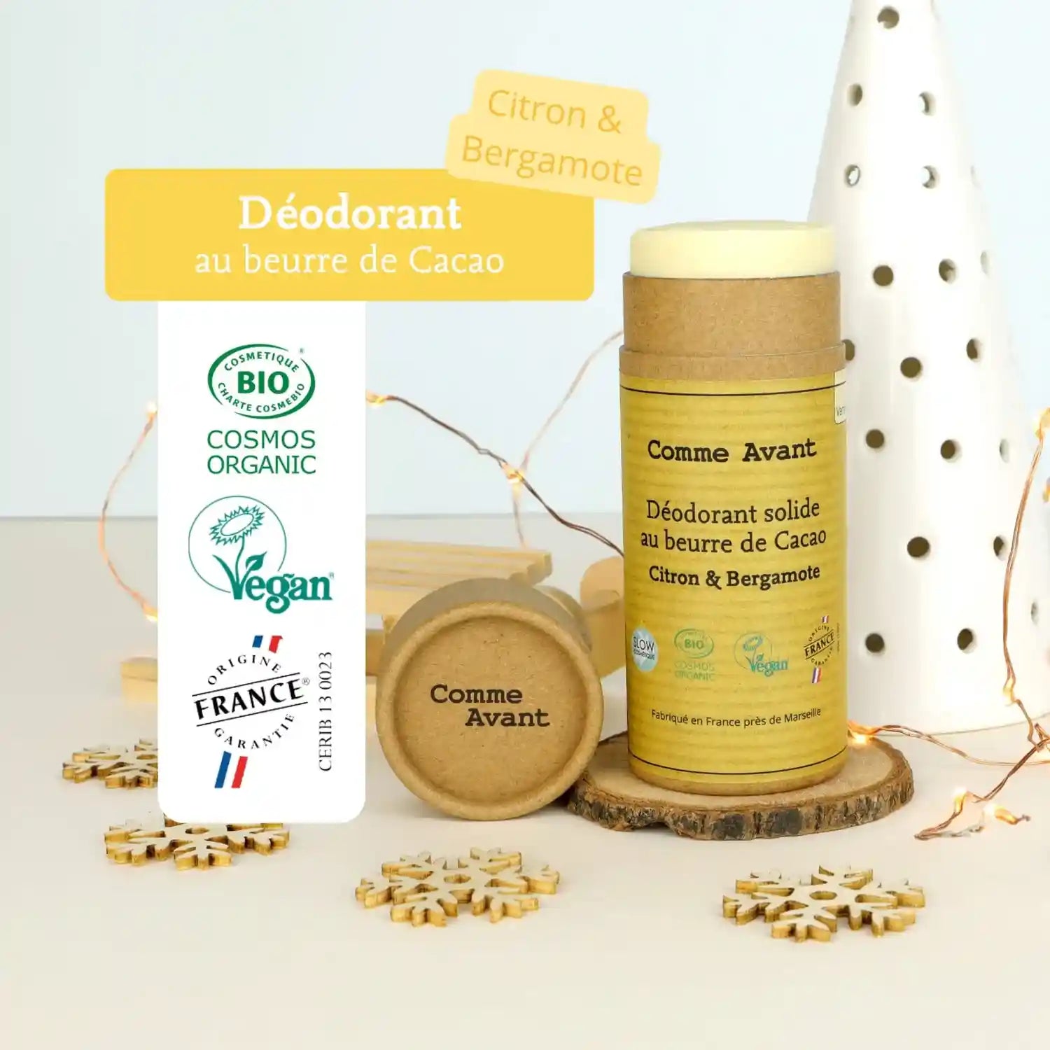 Les labels du déodorant solide au beurre de cacao citron & bergamote de la marque Comme Avant