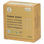 Zoom sur le lot de 2 recharges de 60 grammes de déodorant solide au beurre de cacao citron & bergamote de la marque Comme Avant