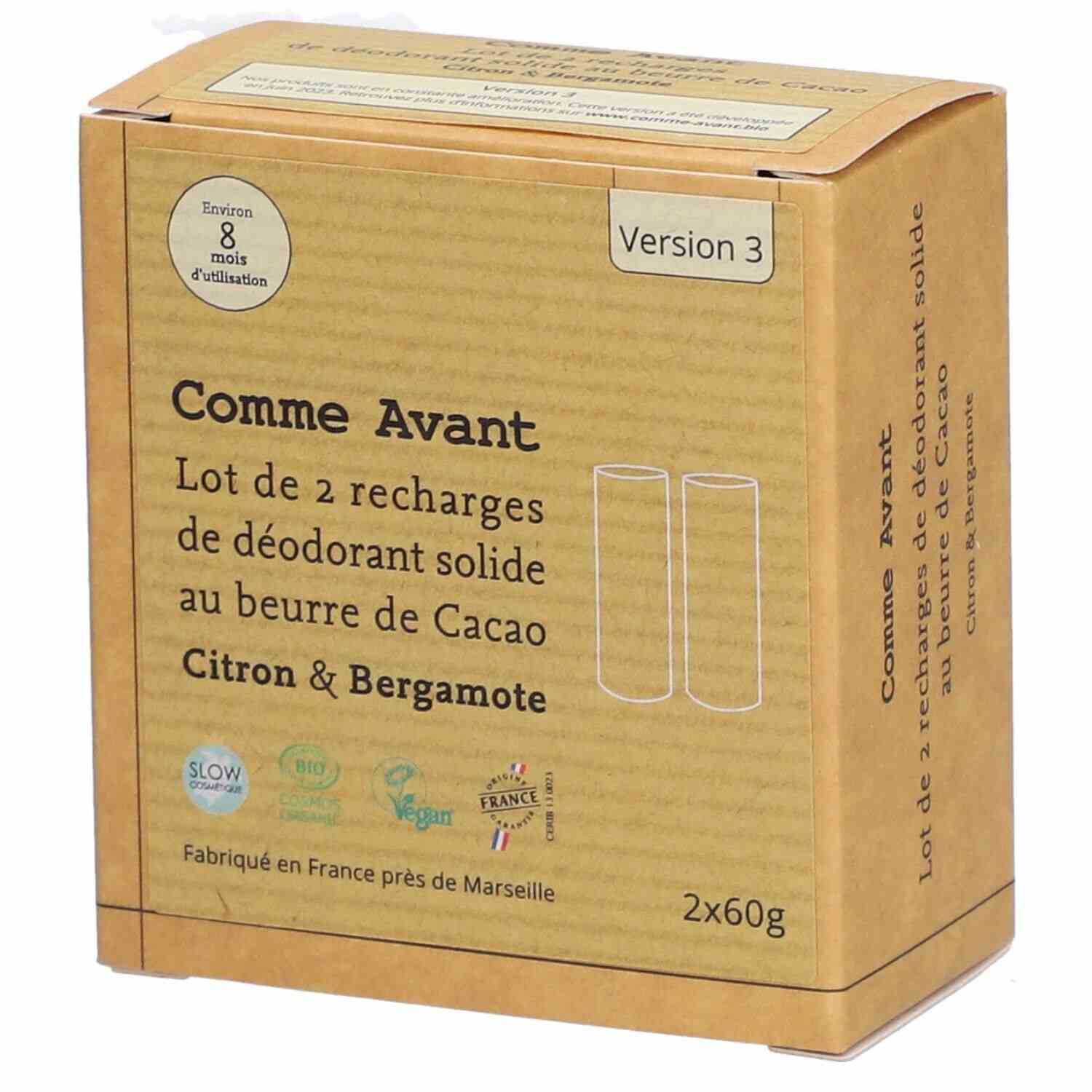Zoom sur le lot de 2 recharges de 60 grammes de déodorant solide au beurre de cacao citron & bergamote de la marque Comme Avant