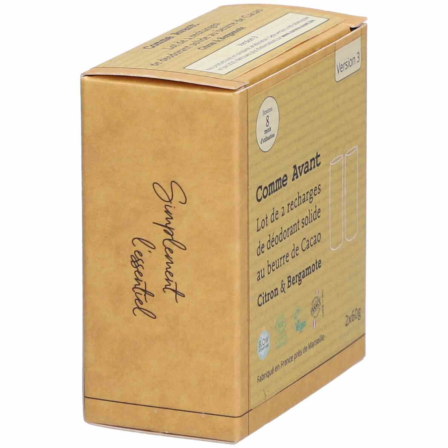 Le verso d'un pack de recharges de déodorant solide au beurre de cacao citron & bergamote de la marque Comme Avant