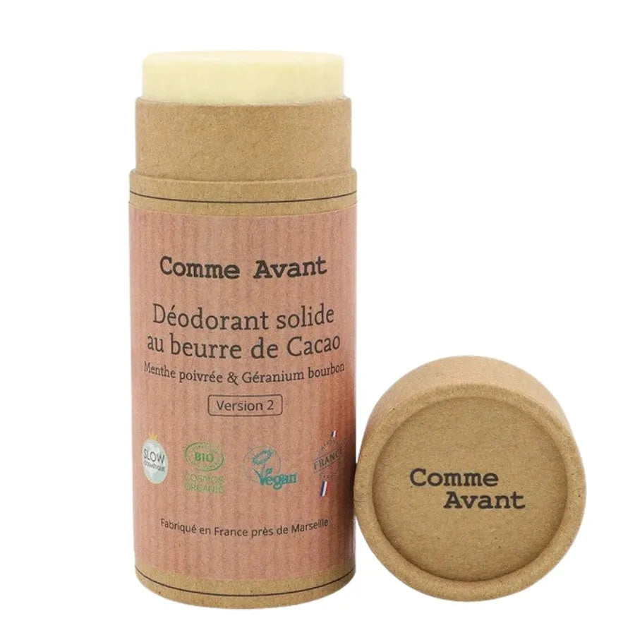 Un Déodorant Solide au Beurre de Cacao Géranium Bio en stick 50 grammes de la marque Comme Avant