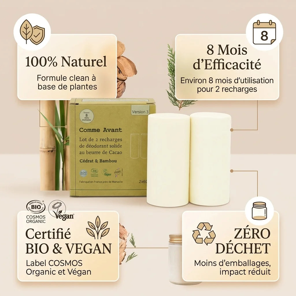 Déodorant solide cédrat bambou Comme Avant recharges 2x60g bio vegan zéro déchet