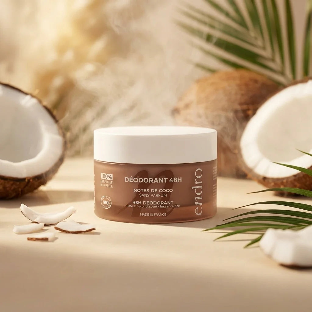 Déodorant solide Coco Endro en pot marron avec noix de coco fraîche et éclairage doré