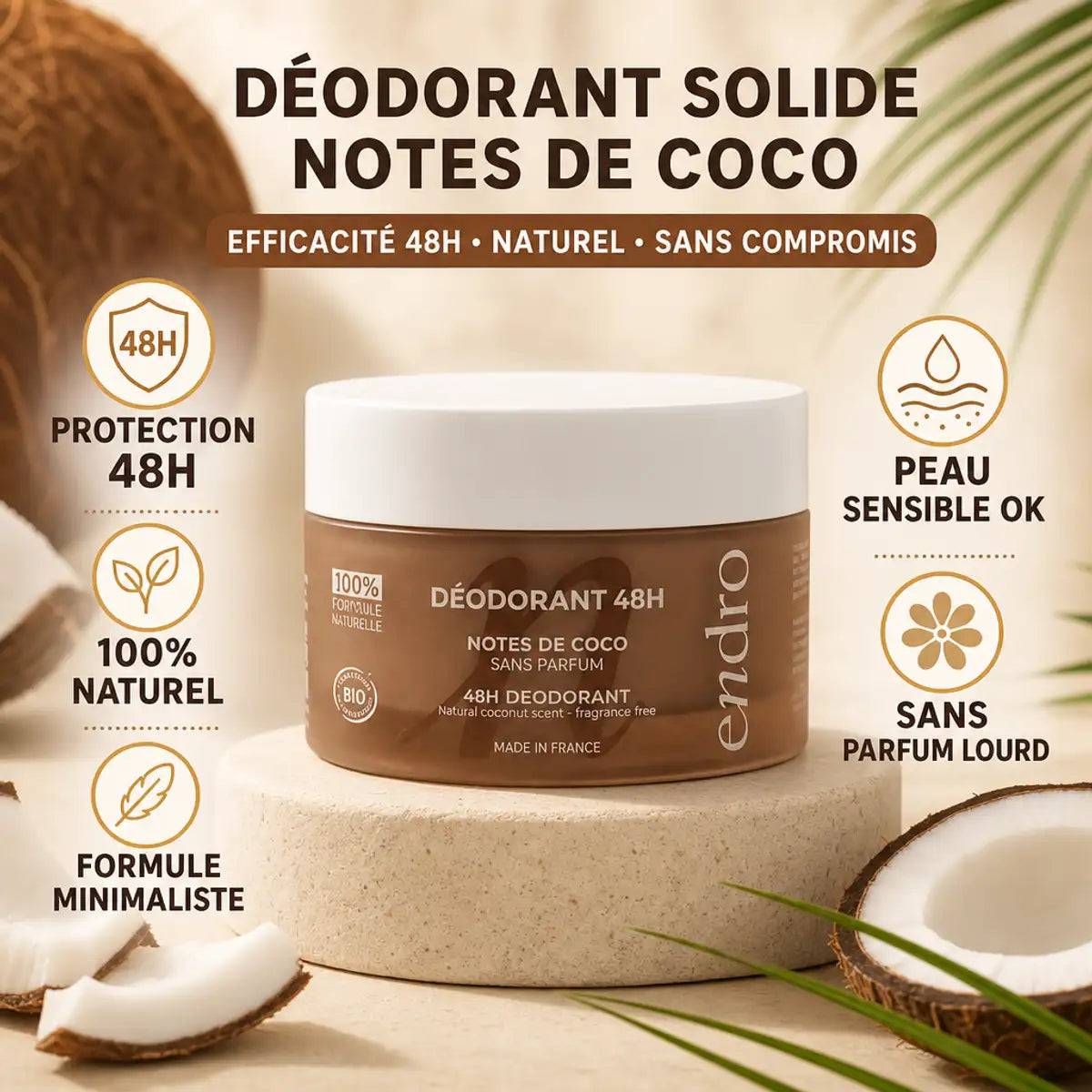 Déodorant solide Coco Endro - Pot marron avec bénéfices naturels et protection 48H