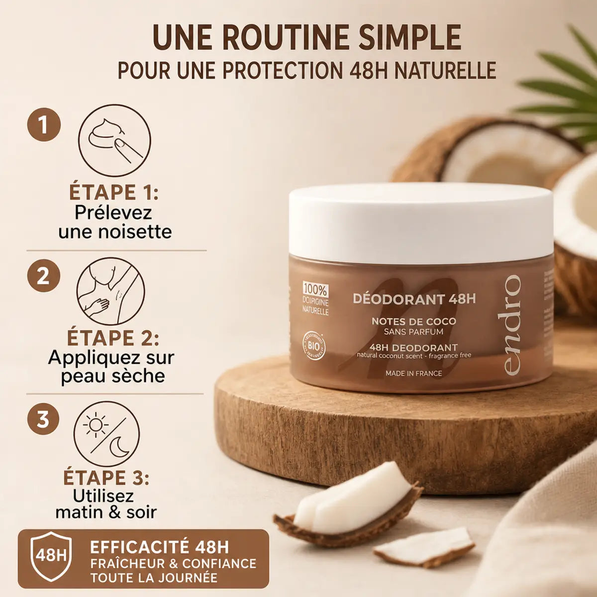 Déodorant solide Coco Endro en pot verre avec guide d'utilisation 3 étapes pour 48h de protection